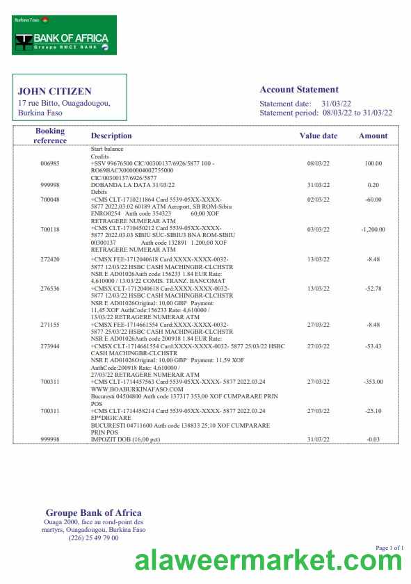 Burkina Faso Bank of Africa bank statement template, Word and PDF format